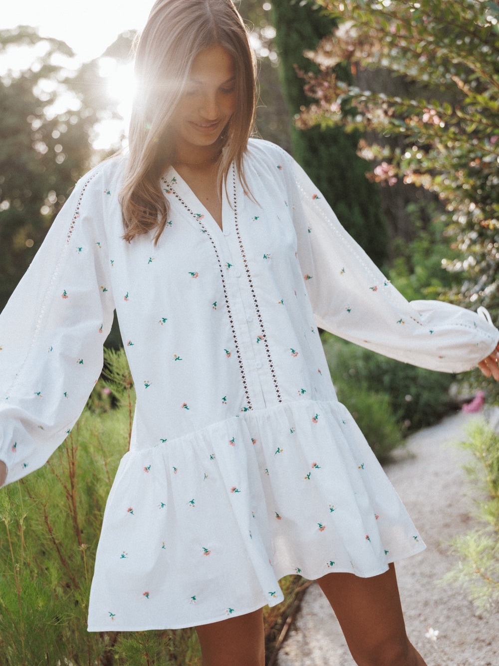 Petal & Pup NWT Hart Long Sleeve Mini Dress White Floral Balloon Sleeves Swing